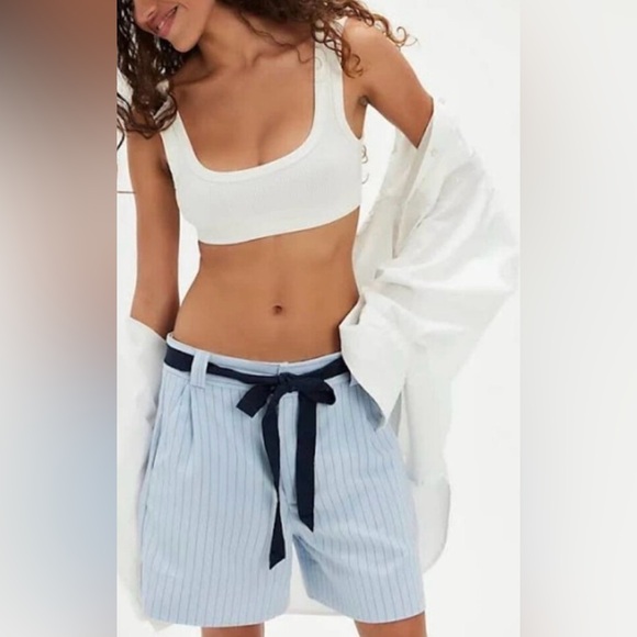 Free People Perfect Prep Pleated Stripe Shorts. NWT. Pale blue pinstripes - Picture 3 of 3